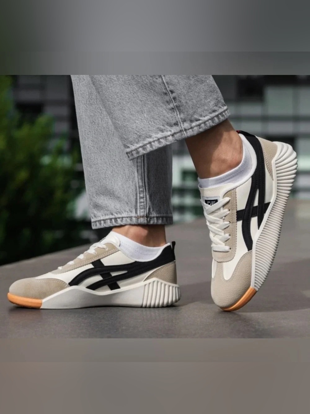 DeFlorance Vintage Beige & Black Sneakers with Gum Toe Cap